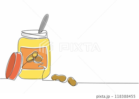 Single continuous line drawing a spoon in the peanut butter jar. Want to spread it to add to the delicious taste. Delectable. National Peanut Butter Lover Day. One line design vector illustration Single continuous line drawing a spoon in the peanut butter jar. Want to spread it to add to the delicious taste. Delectable. National Peanut Butter Lover Day. One line design vector illustration 118388455