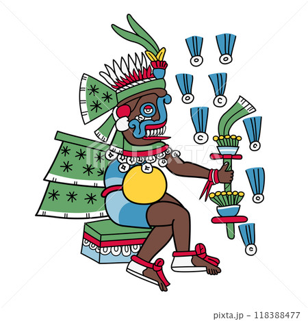 Tlaloc, Aztec god of lightning, rain and earthquakes, also a deity of earthly fertility and water, worshipped as a giver of life and sustenance, as he was depicted in the Codex Magliabechiano. Vector. Tlaloc, Aztec god of lightning, rain and earthquakes, also a deity of earthly fertility and water, worshipped as a giver of life and sustenance, as he was depicted in the Codex Magliabechiano. Vector. 118388477