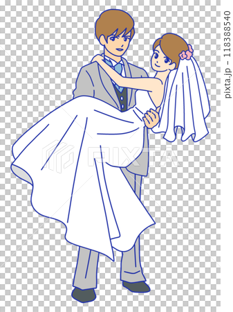 カメラ目線でお姫様抱っこする新郎新婦 カメラ目線でお姫様抱っこする新郎新婦 118388540