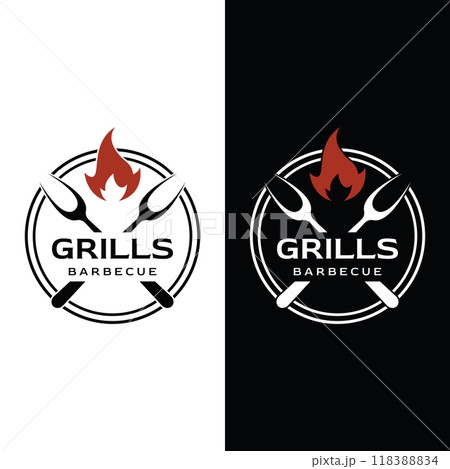 Grilled barbecue typography Logo design with crossed fire and spatula.Logos for restaurants, cafes and bars. 118388834
