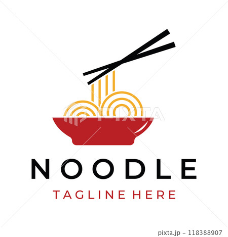 Logo design template for delicious chinese and japanese noodle soup and ramen dishes asian types of food. Logos for businesses, restaurants, cafes and shops. 118388907