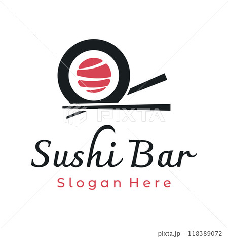 Sushi logo template design.Seafood or traditional japanese cuisine with salmon, delicious food.Logo for Japanese restaurant, bar, sushi shop. 118389072