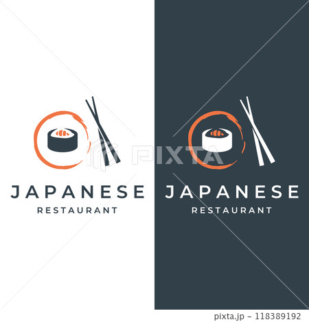 Sushi logo template design.Seafood or traditional japanese cuisine with salmon, delicious food.Logo for Japanese restaurant, bar, sushi shop. Sushi logo template design.Seafood or traditional japanese cuisine with salmon, delicious food.Logo for Japanese restaurant, bar, sushi shop. 118389192