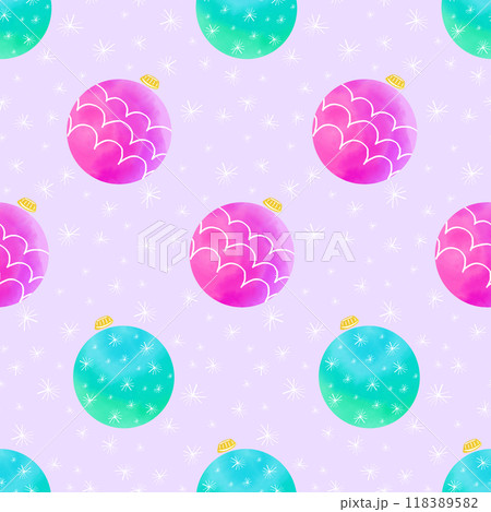 Watercolor vector christmas seamless pattern with blue and pink balls and snowflakes. Pattern in swatches. For fabric, wrapping paper and other decoration. 118389582