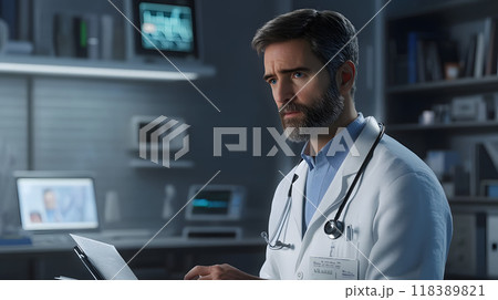 Doctor focus on diagnostics in medical facility 118389821