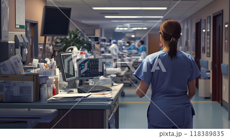 Nurse in a hospital monitoring patient conditions 118389835