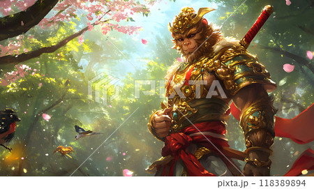 Sun Wukong in golden armor with staff in enchanted forest 118389894