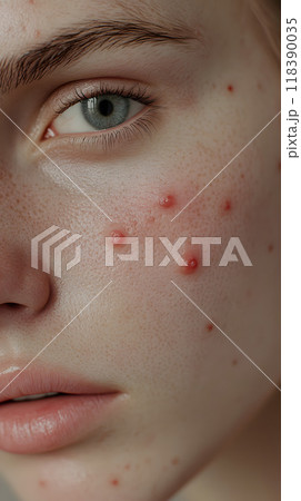 Close-up of a face with freckles and acne, eye visible Close-up of a face with freckles and acne, eye visible 118390035
