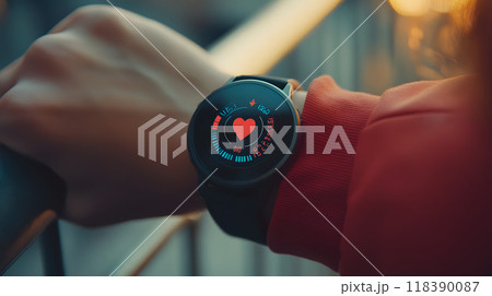 Smart watch showing heart rate and health metrics Smart watch showing heart rate and health metrics 118390087