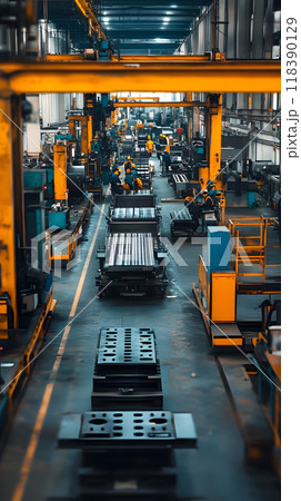 Industrial machinery in large organized factory setup. 118390129