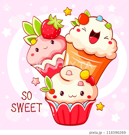 Card with cute dessert in kawaii style. Cake, muffin and cupcake with whipped cream and berry. Inscription So sweet. Can be used for t-shirt print, sticker, greeting card. Vector illustration EPS8 118390269