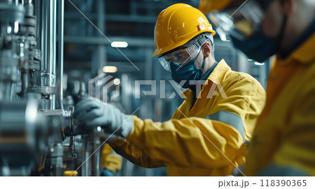 Two factory workers in yellow safety gear operating machinery Two factory workers in yellow safety gear operating machinery 118390365