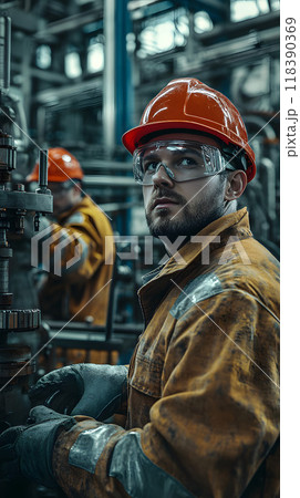 Worker in reddish safety helmet amid factory operations 118390369