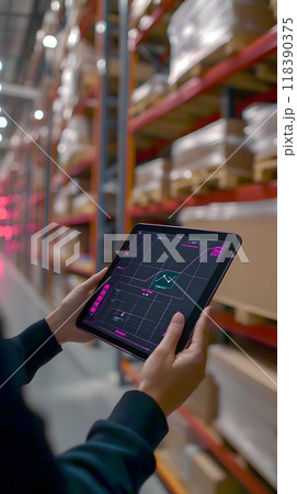 Person using a digital tablet in a stocked warehouse 118390375