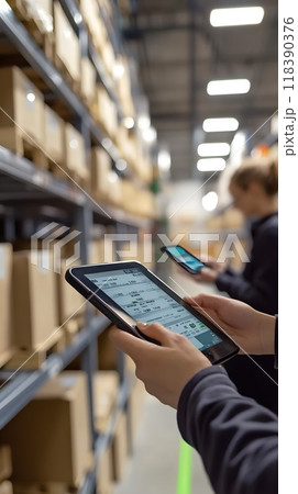 People using digital devices in a large warehouse 118390376