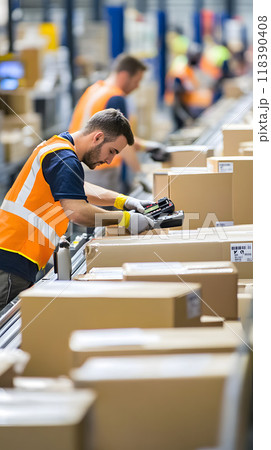 Warehouse employee in orange vest scanning packages 118390408