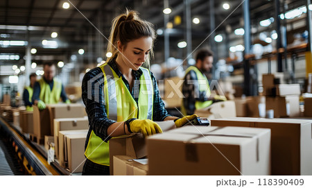 Female warehouse worker sorting and scanning parcels 118390409