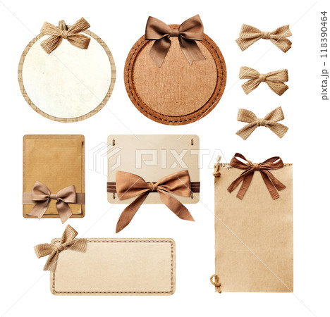 Set of craft organic paper price tag with bow. Collection of eco-friendly paper labels from recycled carton material. Nostalgic scrapbooking style. Copy space for text. Isolated on white background Set of craft organic paper price tag with bow. Collection of eco-friendly paper labels from recycled carton material. Nostalgic scrapbooking style. Copy space for text. Isolated on white background 118390464