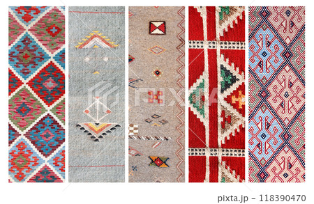 Set of vertical or horizontal banners with textures of berber traditional wool carpet with geometric pattern, Morocco, Africa 118390470