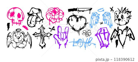 Spray paint graffiti ink bear, heart barbed wire, mouth, coffin and street art stickers Spray paint graffiti ink bear, heart barbed wire, mouth, coffin and street art stickers 118390612