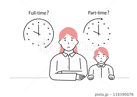社会復帰をフルタイムでするかパートタイムでするか迷う母親 118390876