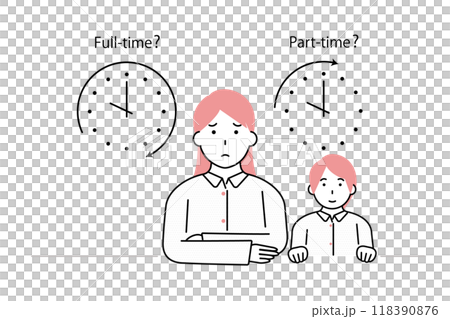 社会復帰をフルタイムでするかパートタイムでするか迷う母親 118390876