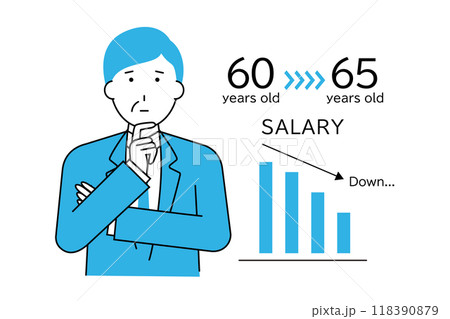 60歳から65歳までの間の給料が下がるのを心配するビジネスマン 60歳から65歳までの間の給料が下がるのを心配するビジネスマン 118390879