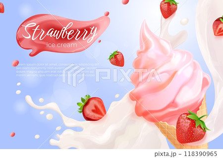 Realistic strawberry ice cream. 3d soft icecream serving with strawberries milk splashes ad promotion banner, fruit iced sweets frozen gelato food flyer exact vector illustration 118390965