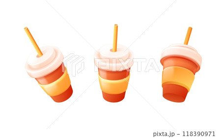 Paper cup render. 3d takeaway coffee cups with straw cover for to go cafe, tasty soda coke cola beverage or tea drink in cardboard mug plastic ad mockup, exact vector illustration Paper cup render. 3d takeaway coffee cups with straw cover for to go cafe, tasty soda coke cola beverage or tea drink in cardboard mug plastic ad mockup, exact vector illustration 118390971