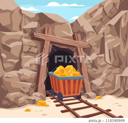 Mine entrance background. Rails to abandoned mining tunnel mountain stone cave, goldmine shaft door coal production geological tunnelling cartoon game ingenious vector illustration 118390999