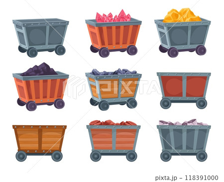 Mining carts. Minecarts, wood metal mine wagons for underground loading coal diamond rocks gold nugget minerals, rails trolley truck carriage, 2d game ingenious vector illustration 118391000