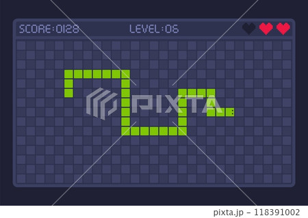 Snake game. Digital snakes mobile app pixel gaming retro phone, cellphone display fun play screen geometric shape minimal puzzle old telephone 2d ui, ingenious vector illustration 118391002
