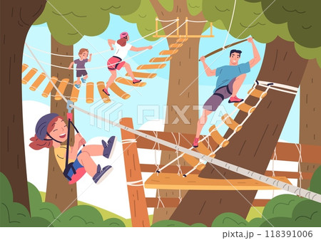 Kids in rope park. Family adventure forest recreation hanging ropes attractions, children with mother father in helmets climbing challenge active sport, classy vector illustration 118391006