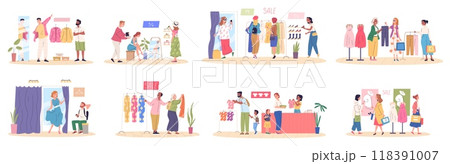 Buyers in clothes store. Friends shopping fashionable boutique, customer purchase casual cloth dress happy shopaholic and seller apparel garment market, classy vector illustration 118391007