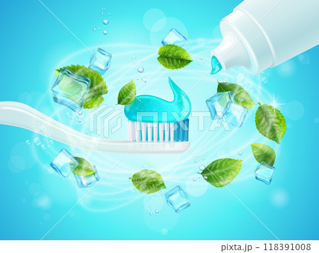 Mint toothpaste. Tooth paste with nature mint leaf refreshing cool flavour, toothbrush dental herbal cream extra whitening effect pharmacy ad, realistic exact vector illustration 118391008