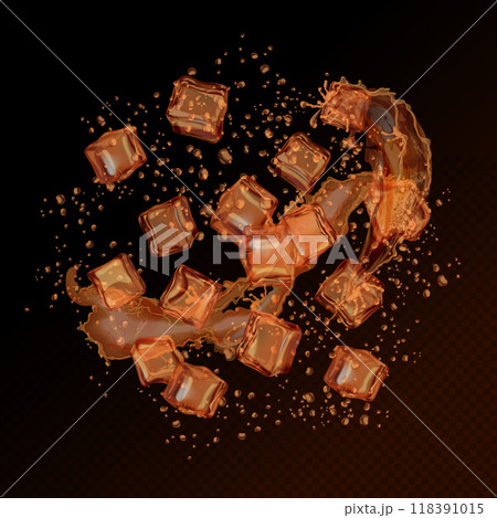 Ice cubes whiskey. Iced cube bubbles in whisky or cola stream splash, refreshment drink frozen cool premium brandy cognac bourbon soda splatter, realistic exact vector illustration Ice cubes whiskey. Iced cube bubbles in whisky or cola stream splash, refreshment drink frozen cool premium brandy cognac bourbon soda splatter, realistic exact vector illustration 118391015