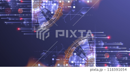 Data analysis. Scientific and technological background. A bisected techno circle from which lines and numbers emerge. Hand made vector. Data analysis. Scientific and technological background. A bisected techno circle from which lines and numbers emerge. Hand made vector. 118391054