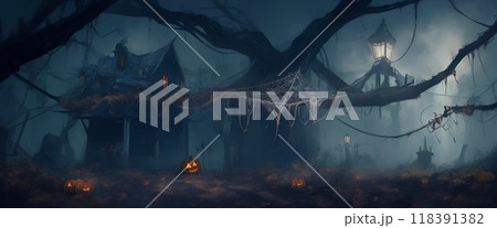 ハロウィンの蜘蛛の巣があるホラー風景 ハロウィンの蜘蛛の巣があるホラー風景 118391382