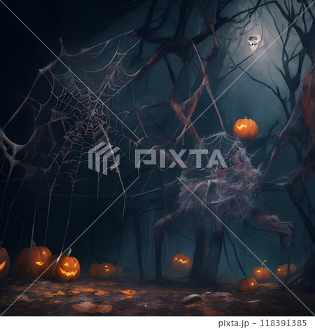 ハロウィンの蜘蛛の巣があるホラー風景 118391385