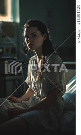 Woman sitting on hospital bed in dimly lit room 118391529