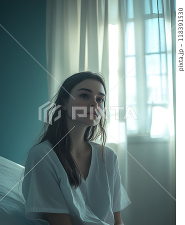 Young woman in sunlight by hospital window 118391530
