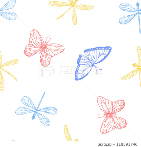 Vector seamless pattern with butterflies and dragonflies. Hand painted linear insects. Graphic clipart isolated on background. Botanical and wedding illustration. For designers, invitations Vector seamless pattern with butterflies and dragonflies. Hand painted linear insects. Graphic clipart isolated on background. Botanical and wedding illustration. For designers, invitations 118391740