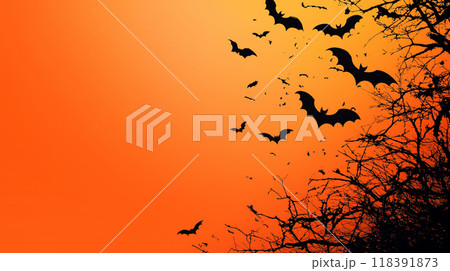 ハロウィンをコンセプトにしたオレンジの背景とコウモリのイラスト背景素材 118391873