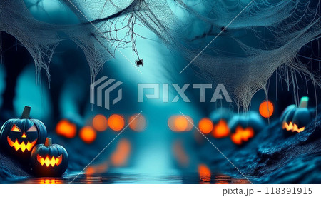 蜘蛛の巣が張り付くハロウィン風景 118391915