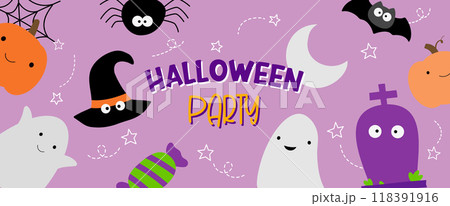 Halloween party banner for kids, hand drawn style, cute background design. 118391916