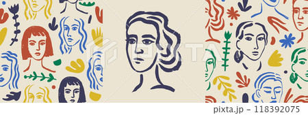 Vector art woman face portrait and seamless patterns. Artistic beauty prints, modern illustration. Female hand drawn doodle drawing. 118392075
