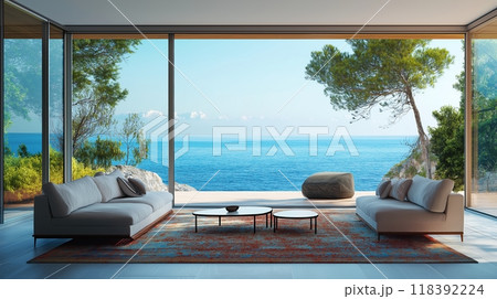 Interior with large window sea view 118392224