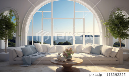 Interior with large window sea view 118392225