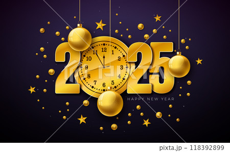 2025 Happy New Year Illustration with Gold Number, Clock and Christmas Ball on Dark Background. Holiday Design with Typography Lettering for Flyer, Greeting Card, Banner, Celebration Poster, Party 118392899
