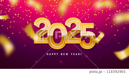 2025 Happy New Year Illustration with Golden Number and Falling Confetti on Red Background. Holiday Design with Typography Lettering for Flyer, Greeting Card, Banner, Celebration Poster, Party 118392901